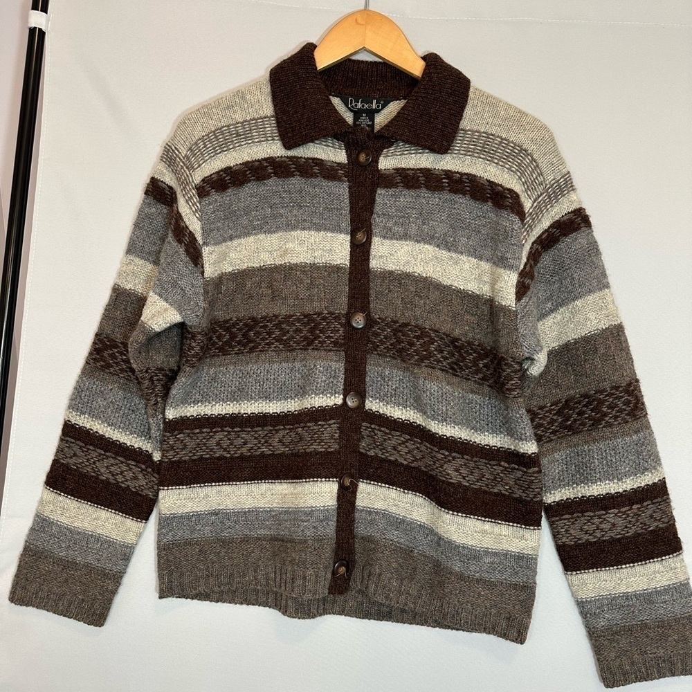 Rafaella Womens Size M 100% Shetland Wool Sweater Cardigan Knit Buttons Striped
